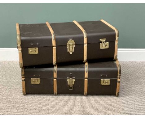 VINTAGE STEAMER TRUNKS (2) - having wooden and metal mounted banding, labelled to the handles "Overpond", 31cms H, 91cms W, 5