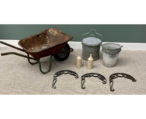 VINTAGE WHEELBARROW &amp; CONTENTS - to include galvanized buckets and a lidded can, wrought iron wall brackets ETC