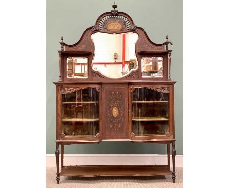 VICTORIAN MAHOGANY DISPLAY CABINET - the raised back with central shaped bevelled mirror flanked either side by a square beve