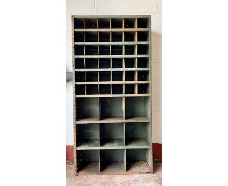 VINTAGE METAL PIGEONHOLE WORKSHOP SHELVING UNIT - 186cms H, 93cms W, 30cms D