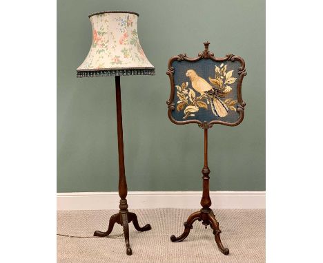 VICTORIAN ROSEWOOD POLESCREEN - the shield shaped panel with parrot wool work, on a turned column to the scrolled tripod base