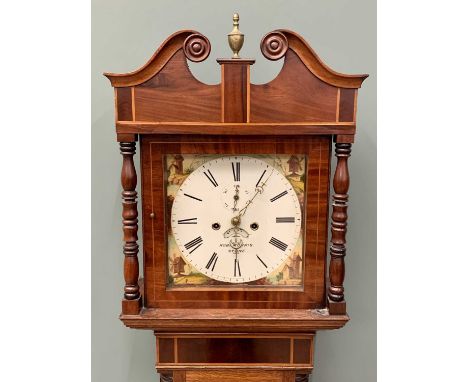 ROBERT MORRIS, STONE, MAHOGANY LONGCASE CLOCK - the hood with broken swan neck pediment with brass urn shaped finial, turned 