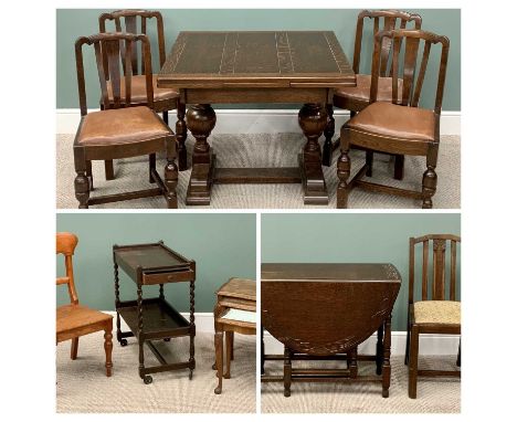 FURNITURE PARCEL (7) - oak draw leaf table with bulbous end supports, 75cms H, 153cms W (open), 91cms D, four oak framed dini