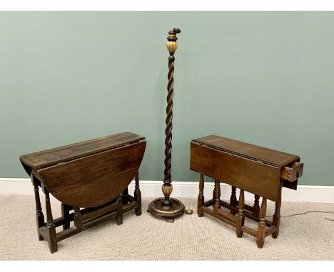 TWO ANTIQUE PEG JOINED OAK GATE LEG TABLES - the largest table having rounded twin flaps, 69cms H, 111cms W (fully open), 94c