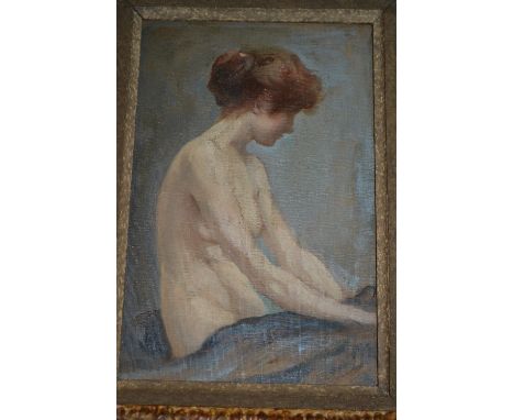 Oil on canvas board, portrait of a seated female nude, inscribed on frame plaque, ' Allen.D.Davidson ', 7.5ins x 5ins, swept 