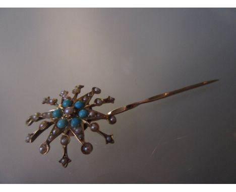 Victorian gold turquoise and seed pearl set pendant, later converted to a stick pin