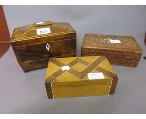 Regency rosewood and boxwood line inlaid two division tea caddy, an Art Deco burr wood cigarette box and an oriental carved h