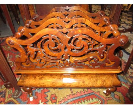 19th Century burr walnut four division Canterbury having pierced fretwork dividers raised on turned tapering supports with br