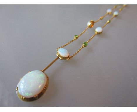 Edwardian unmarked yellow metal opal and peridot set alternating chain link necklace with pendant drop, overall length 32ins