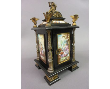 19th Century Continental (possibly Viennese) ebonised, ormolu and enamel mounted table cabinet, the architectural case with a