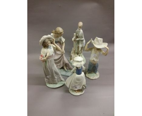 Four various Nao porcelain figures together with a Lladro figure (a/f)