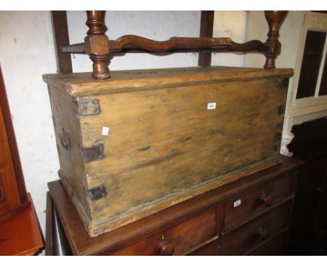 19th Century pine brass studded trunk with hinged cover and iron mounts with end carrying handles