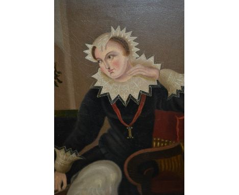 Antique oil on canvas, portrait of an Elizabethan lady seated by a vase of flowers, 14ins x 12ins