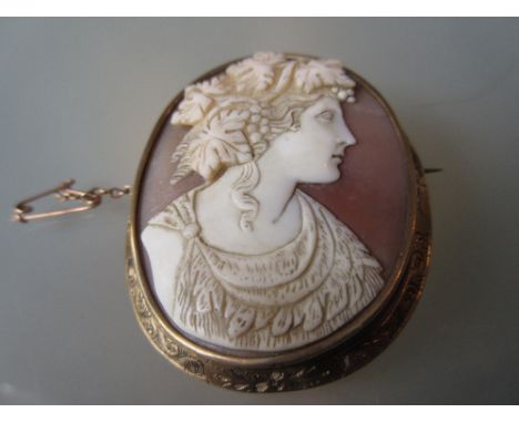 19th Century carved shell cameo portrait brooch in a yellow metal mount