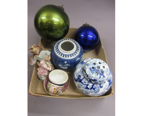 Small Chinese blue and white prunus blossom ginger jar and cover, two bisque porcelain figures, miniature cup and saucer, thr