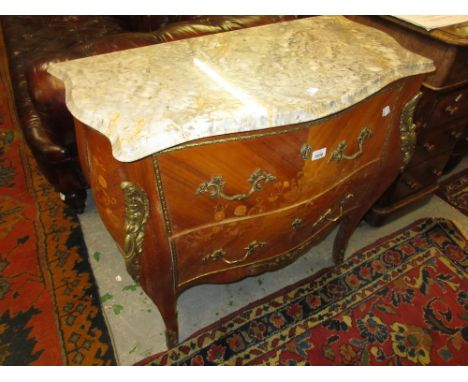 Small 20th Century French kingwood floral marquetry inlaid ormolu mounted two drawer commode on cabriole front supports