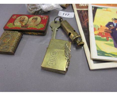 Bone scrimshaw vesta case, Harley Davidson type lighter, a Police whistle and key and a small quantity of coins etc with two 