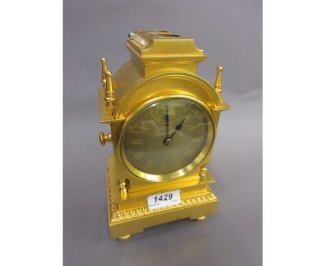 19th Century French ormolu mantel clock, the architectural case with silvered dial and Roman numerals, the case top mounted w