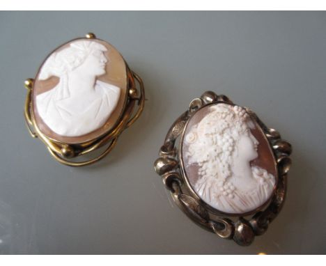 Two 19th Century gilt metal mounted oval carved shell cameo portrait brooches