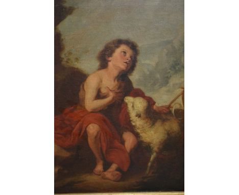 Early 19th Century heavy gilt framed oil on canvas, portrait of the infant John the Baptist with a lamb in a landscape, 14ins
