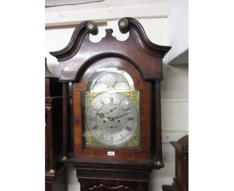 George III mahogany longcase clock, the broken arch hood with swan neck pediment and flanking pilasters above a shaped panell