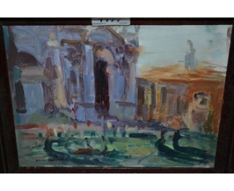 Gordon Radford, signed oil, boatmen off the Venice waterfront, 7ins x 9ins, together with an unframed oil of a brass band, at