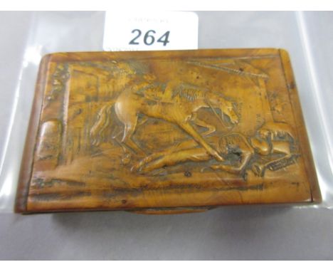 Early 19th Century burr wood snuff box depicting Napoleonic scene of a horse and fallen soldier