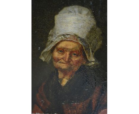 Oil on metal panel, head and shoulder portrait of an elderly lady, unsigned, 6ins x 5ins