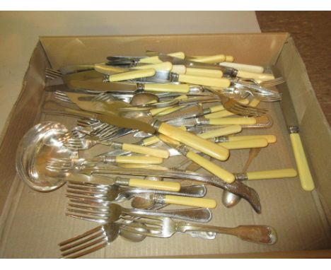 Large plated ladle together with a quantity of plated flatware