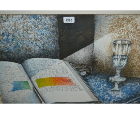 P. Yamaolca, signed Limited Edition etching, book and glass on a marble table