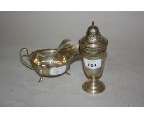 Birmingham silver sugar caster, a silver sauce boat and a ladle