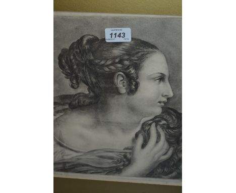 19th Century pencil drawing, profile portrait of a classical lady, maple framed, together with a similar empty maple frame