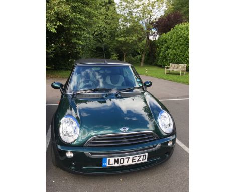 Mini One convertible in British Racing Green, 1.6 litre petrol, manual, with heated Recaro sports seats, Registration LM07 EZ