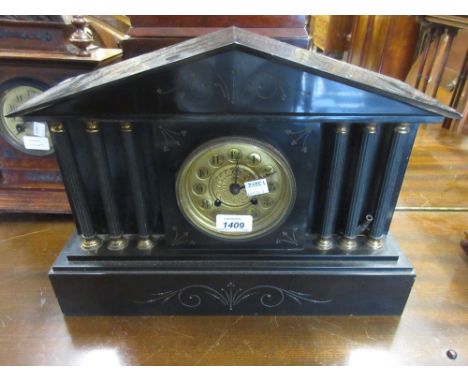 Victorian black slate two train mantel clock together with a German walnut two train mantel clock