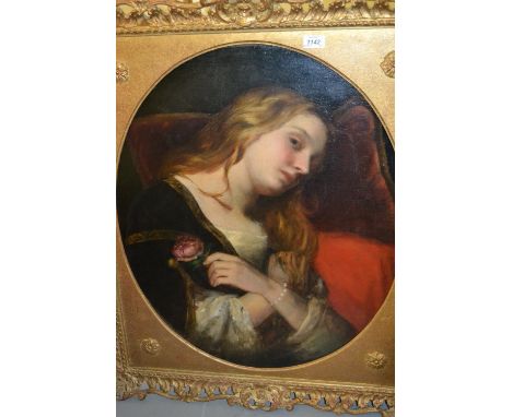 19th Century English school, oil on canvas, portrait of a seated girl holding a rose, 29ins x 25ins, oval mounted, gilt frame