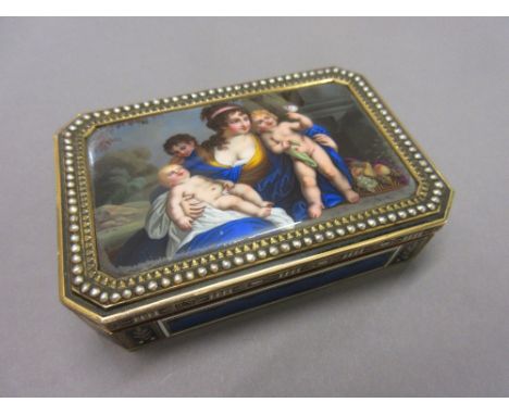 Fine 19th Century Continental gold and enamel box, the hinged lid painted with a scene depicting a mother and children, the b