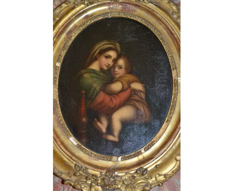Antique oval gilt framed oil on metal panel, portrait of the Madonna and child