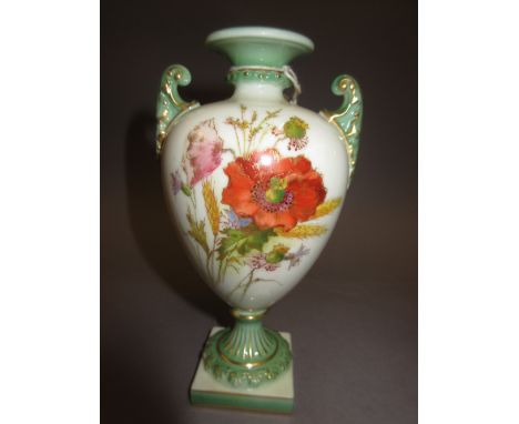 Royal Worcester baluster form two handled pedestal vase painted with flowers within green border, 5.5ins high