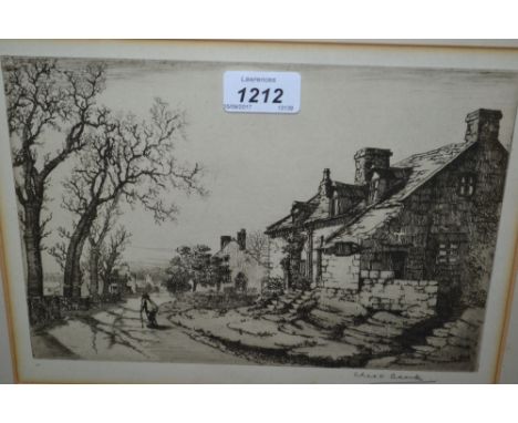 Charles H. Clark etching with figure in a street before a cottage, 7ins x 9ins