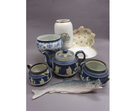 Adams blue and white Jasperware three piece tea service, a Royal Copenhagen monochrome decorated vase and dish, small vase, f