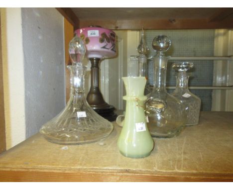 Victorian brass and glass oil lamp together with four various glass decanters and an onyx vase