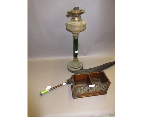 Early 20th Century oak and brass posting box, a ladies parasol with green translucent enamel mounted handle (a/f) and a brass
