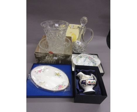 Cut glass jug decanter with stopper, cut glass vase, a Harrods cut glass fruit bowl and four other boxed ceramic items