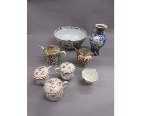 Group of three Chinese export covered cups with painted floral decoration, a miniature Canton teapot, famille rose bowl and o