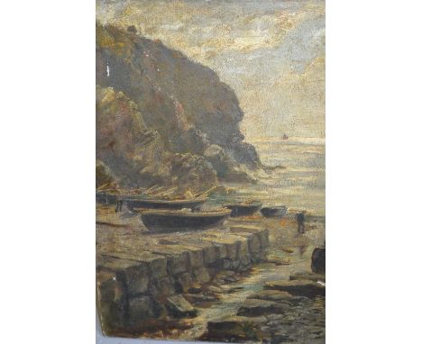 19th Century oil on canvas, rocky coastal slipway with moored boats and figures, indistinctly signed, unframed, 18ins x 14ins