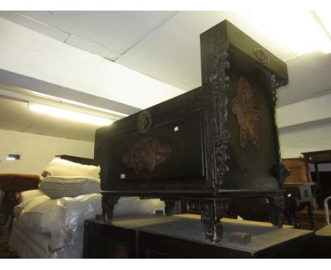 Mid 20th Century Chinese bench / trunk having hinged cover with single small end drawer and all-over carved decoration on sha