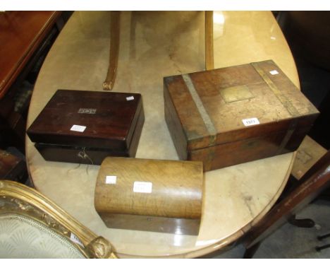 19th Century rosewood mother of pearl inlaid work box, brassbound walnut writing slope (a/f) and a two division tea caddy (a/