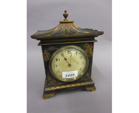 Lacquered chinoiserie decorated mantel clock, having circular silvered dial with Arabic numerals and eight day movement