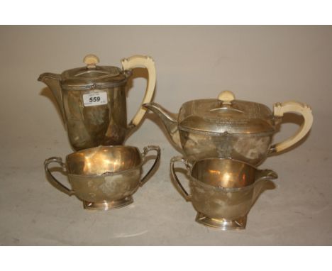 Good quality Art Deco four piece silver tea service with ivory finials and handles, Sheffield 1939, makers mark F. and C. (wi