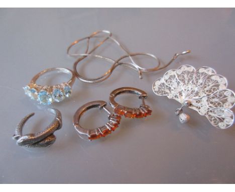 Silver fire opal inset single earring, silver ring, brooch and chain